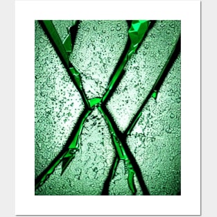 Cracked glass pattern, with pattern, black, green, cracks, mesh Posters and Art